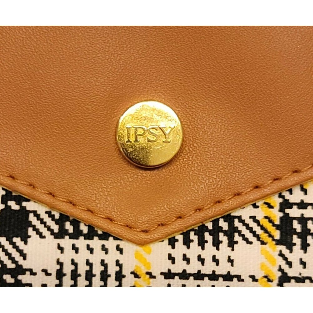 Ipsy Glam Bag Makeup Sept. 2021 Yellow Plaid GOLD button Foe Brown Leather flap - Picture 2 of 5
